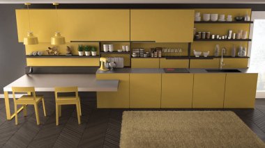 Tahta detaylar, masa ve sandalyeler ile minimalist modern mutfak,