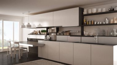 Tahta detaylar, masa ve sandalyeler ile minimalist modern mutfak,