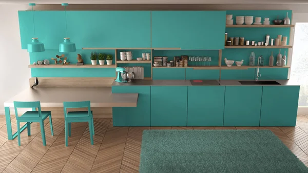 Tahta detaylar, masa ve sandalyeler ile minimalist modern mutfak,