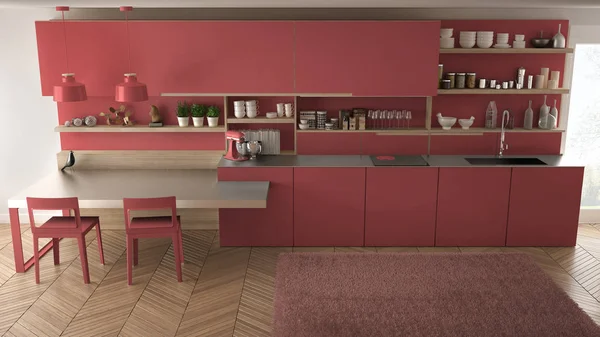 Minimalistisch moderne Küche mit Holzdetails, Tisch und Stühlen, — Stockfoto