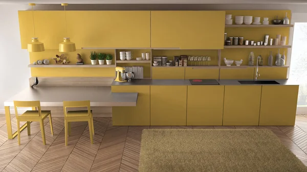 Tahta detaylar, masa ve sandalyeler ile minimalist modern mutfak,