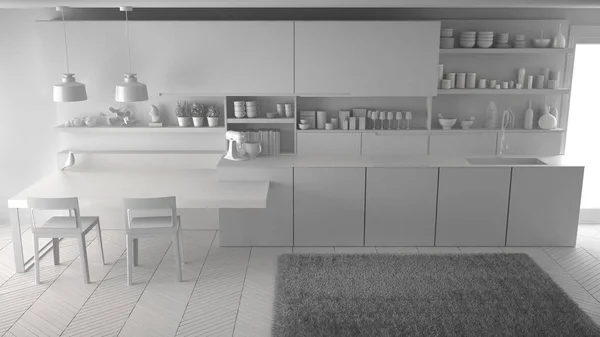 Progetto incompiuto di cucina moderna minimalista, total white i — Foto Stock