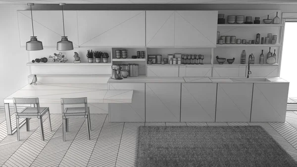 Незаконченный проект минималистической современной кухни с деревянным де — стоковое фото