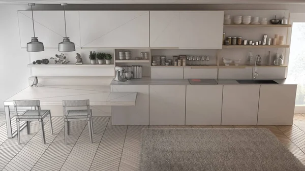 Oavslutat projekt av minimalistisk modernt kök med trä de — Stockfoto