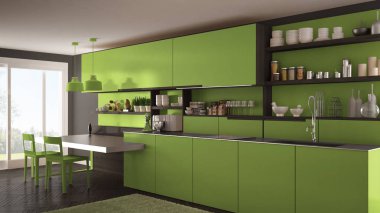 Tahta detaylar, masa ve sandalyeler ile minimalist modern mutfak,