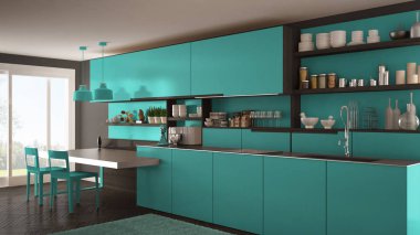 Tahta detaylar, masa ve sandalyeler ile minimalist modern mutfak,