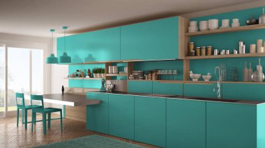 Tahta detaylar, masa ve sandalyeler ile minimalist modern mutfak,