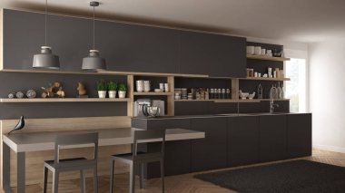 Tahta detaylar, masa ve sandalyeler ile minimalist modern mutfak,