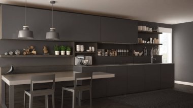 Tahta detaylar, masa ve sandalyeler ile minimalist modern mutfak,