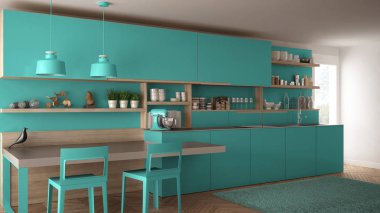 Tahta detaylar, masa ve sandalyeler ile minimalist modern mutfak,