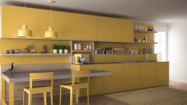 Tahta detaylar, masa ve sandalyeler ile minimalist modern mutfak,