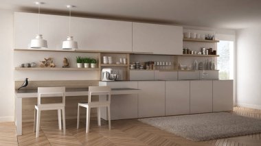 Tahta detaylar, masa ve sandalyeler ile minimalist modern mutfak,