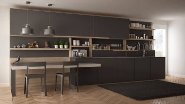 Tahta detaylar, masa ve sandalyeler ile minimalist modern mutfak,