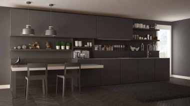 Tahta detaylar, masa ve sandalyeler ile minimalist modern mutfak,