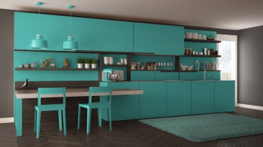 Tahta detaylar, masa ve sandalyeler ile minimalist modern mutfak,