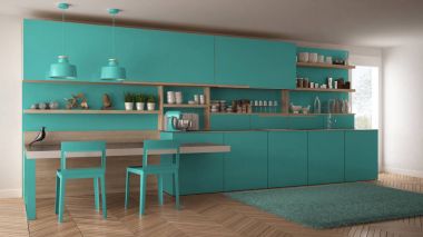 Tahta detaylar, masa ve sandalyeler ile minimalist modern mutfak,