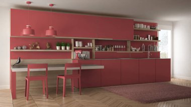 Tahta detaylar, masa ve sandalyeler ile minimalist modern mutfak,