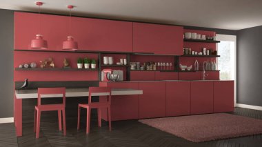 Tahta detaylar, masa ve sandalyeler ile minimalist modern mutfak,