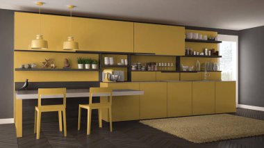 Tahta detaylar, masa ve sandalyeler ile minimalist modern mutfak,