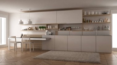 Tahta detaylar, masa ve sandalyeler ile minimalist modern mutfak,