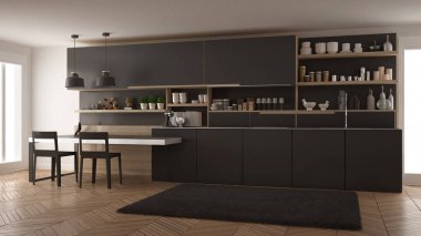 Tahta detaylar, masa ve sandalyeler ile minimalist modern mutfak,