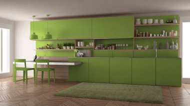 Tahta detaylar, masa ve sandalyeler ile minimalist modern mutfak,