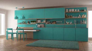 Tahta detaylar, masa ve sandalyeler ile minimalist modern mutfak,