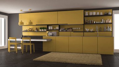 Tahta detaylar, masa ve sandalyeler ile minimalist modern mutfak,