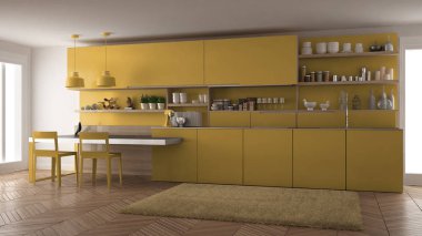 Tahta detaylar, masa ve sandalyeler ile minimalist modern mutfak,