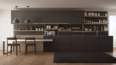 Tahta detaylar, masa ve sandalyeler ile minimalist modern mutfak,