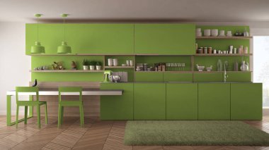 Tahta detaylar, masa ve sandalyeler ile minimalist modern mutfak,