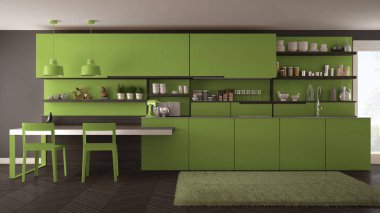 Tahta detaylar, masa ve sandalyeler ile minimalist modern mutfak,