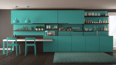 Tahta detaylar, masa ve sandalyeler ile minimalist modern mutfak,