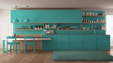 Tahta detaylar, masa ve sandalyeler ile minimalist modern mutfak,