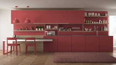 Tahta detaylar, masa ve sandalyeler ile minimalist modern mutfak,