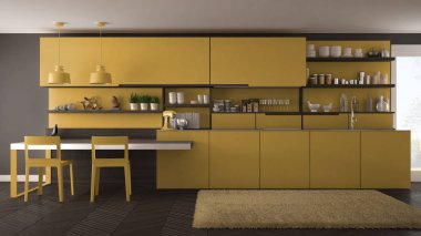 Tahta detaylar, masa ve sandalyeler ile minimalist modern mutfak,