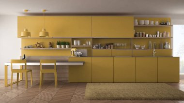 Tahta detaylar, masa ve sandalyeler ile minimalist modern mutfak,