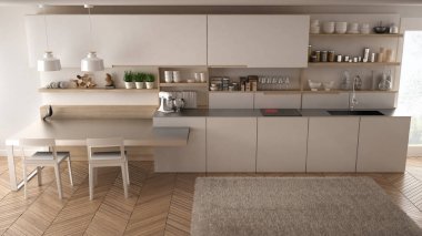 Tahta detaylar, masa ve sandalyeler ile minimalist modern mutfak,