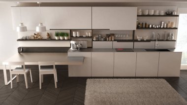 Tahta detaylar, masa ve sandalyeler ile minimalist modern mutfak,