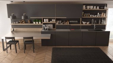 Tahta detaylar, masa ve sandalyeler ile minimalist modern mutfak,