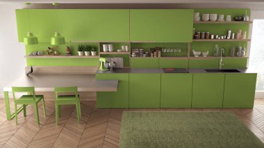 Tahta detaylar, masa ve sandalyeler ile minimalist modern mutfak,