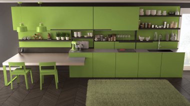 Tahta detaylar, masa ve sandalyeler ile minimalist modern mutfak,