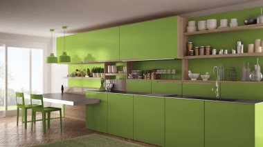 Tahta detaylar, masa ve sandalyeler ile minimalist modern mutfak,