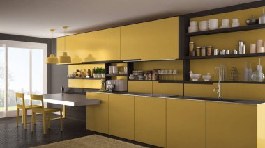 Tahta detaylar, masa ve sandalyeler ile minimalist modern mutfak,