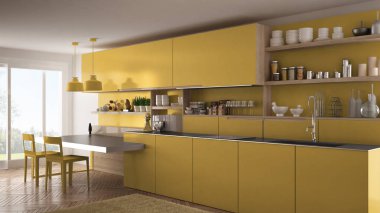 Tahta detaylar, masa ve sandalyeler ile minimalist modern mutfak,