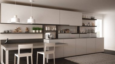 Tahta detaylar, masa ve sandalyeler ile minimalist modern mutfak,