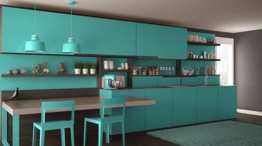 Tahta detaylar, masa ve sandalyeler ile minimalist modern mutfak,