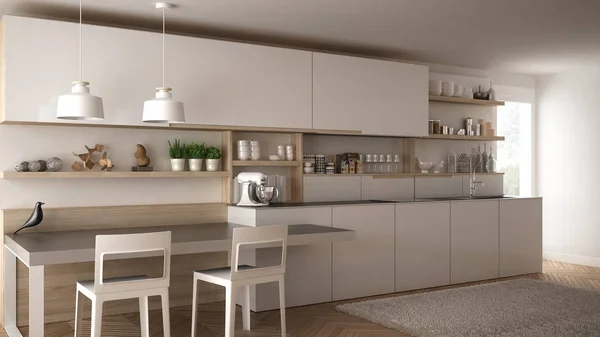 Cucina moderna minimalista con dettagli in legno, tavolo e sedie , — Foto Stock