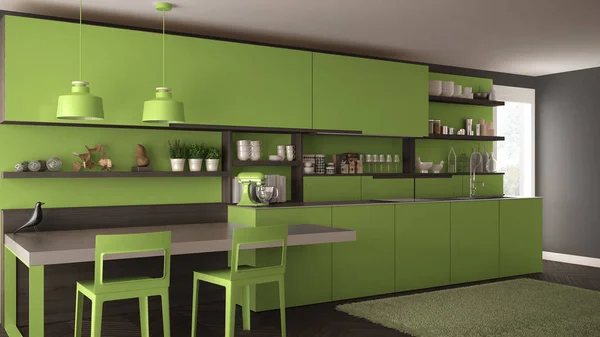 Cozinha moderna minimalista com detalhes de madeira, mesa e cadeiras , — Fotografia de Stock