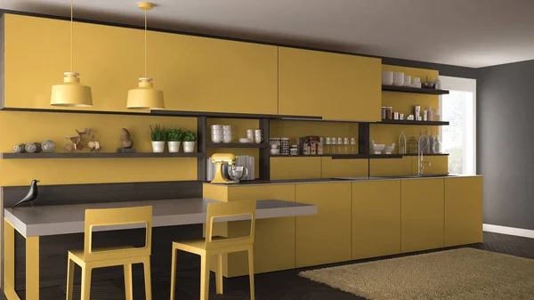 Tahta detaylar, masa ve sandalyeler ile minimalist modern mutfak, — Stok fotoğraf